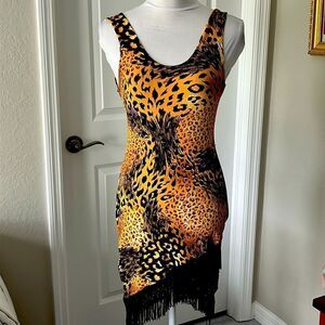 Suzy Phillips Animal Print With Asymmetrical Black Fringe VTG Deep Cut Back NWOT